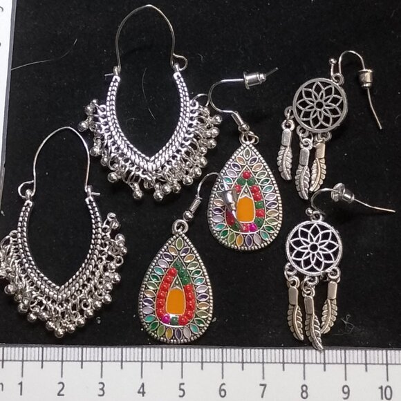 SALE! 3 PAIRS! BOHO EARRINGS Silver-Tone BLUE BUNNY'S BOHO BAUBLES - Picture 9 of 11